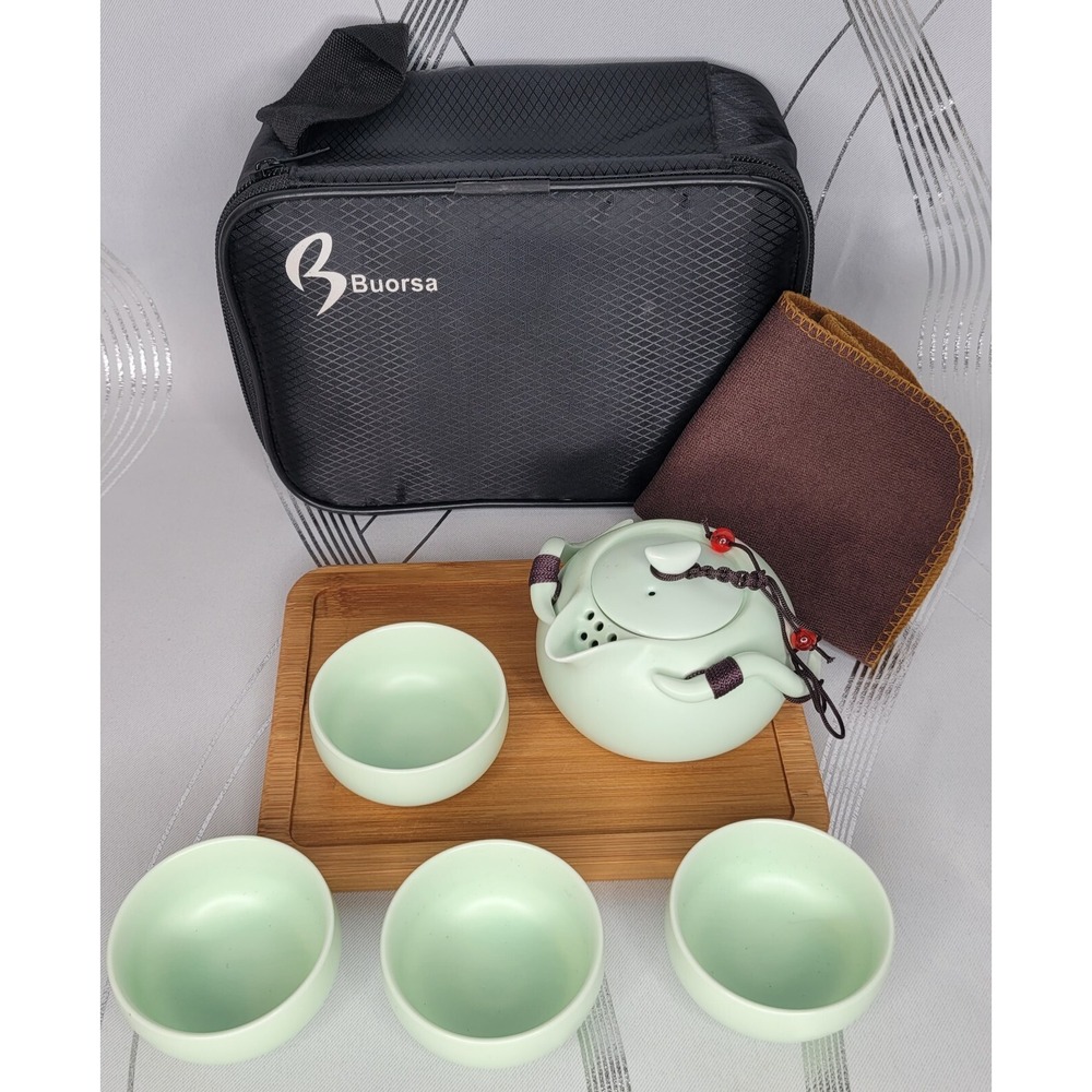 Buorsa Asian Ceramic Porcelain Travel Teapot w/ 4 Cups& Case Loose Leaf Tea
